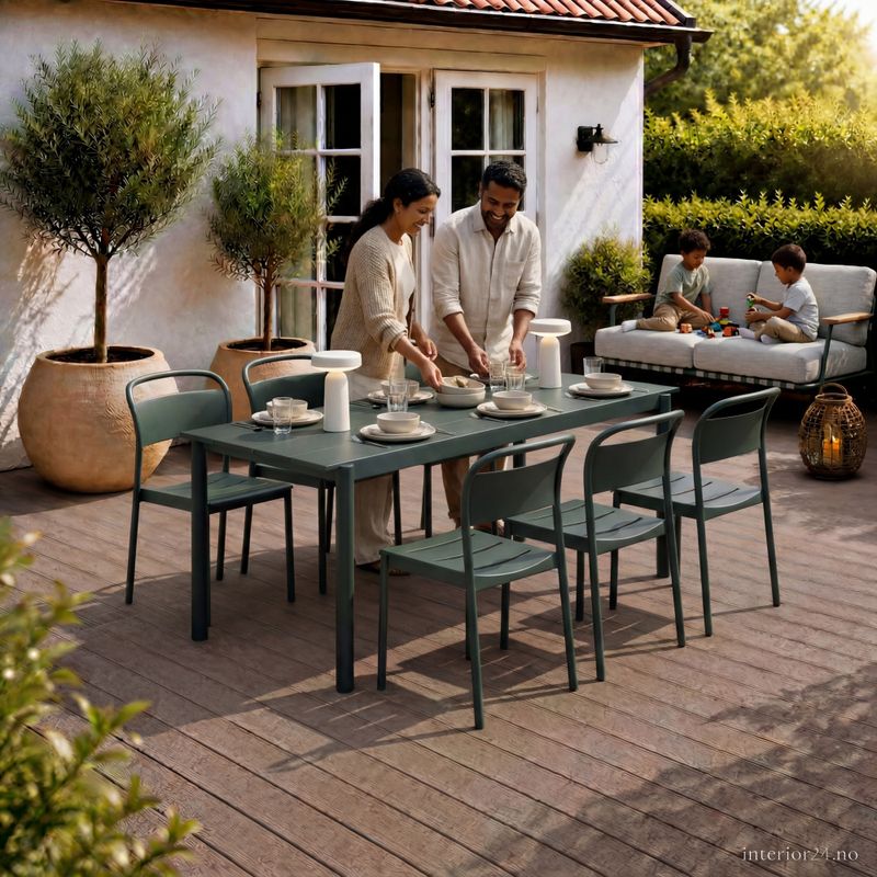 Muuto Spisegruppe Linear Steel Dark Green Table 200 cm 6 x linear steel sidechair, grønn Hagemøbel utemøbel