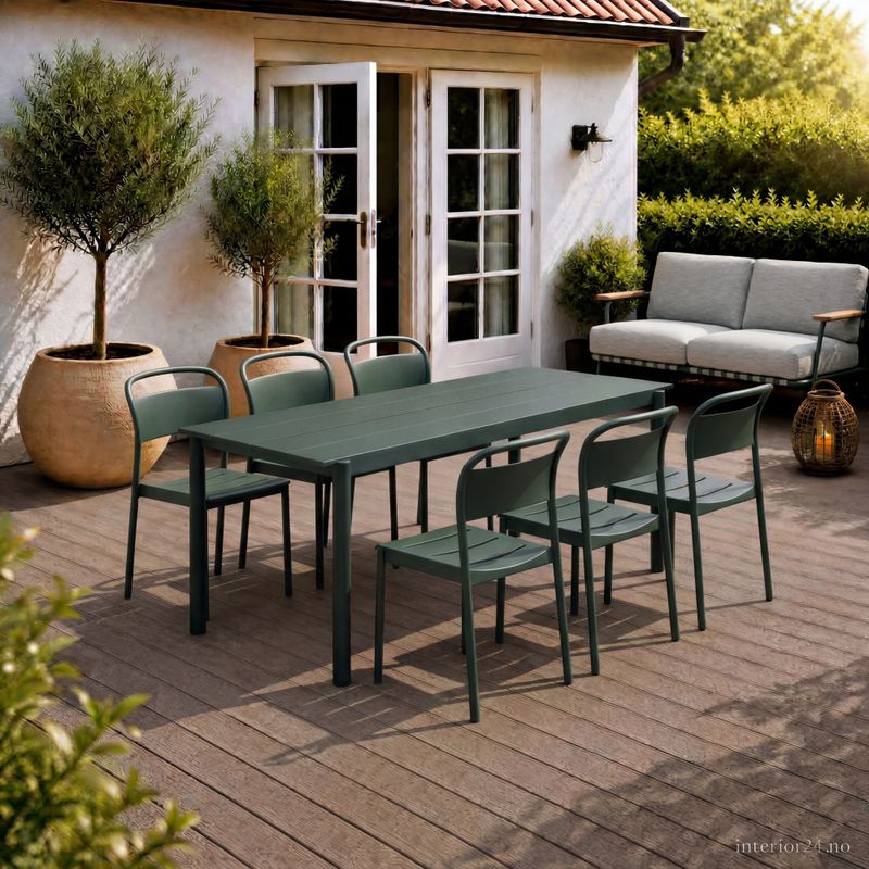 Muuto Spisegruppe Linear Steel Dark Green Table 200 cm 6 x linear steel sidechair, grønn Hagemøbel utemøbel